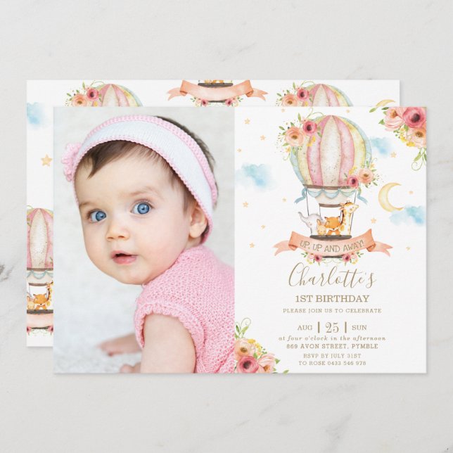 Invitación Balón de aire caliente 1er cumpleaños Jungla de an (Anverso / Reverso)