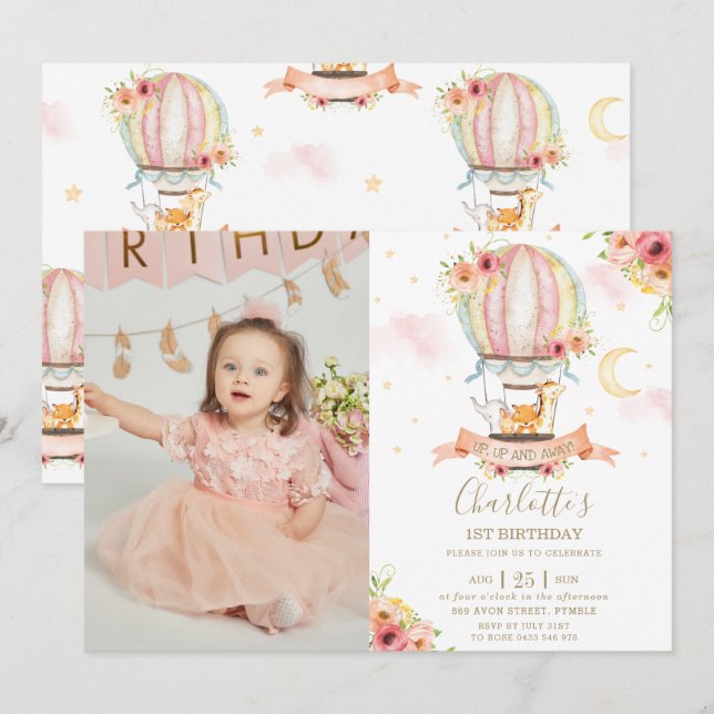 Invitación Balón de aire caliente 1er cumpleaños Jungla de an (Anverso / Reverso)