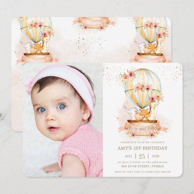 Invitación Balón de aire caliente 1er cumpleaños Jungla de an (Anverso / Reverso)