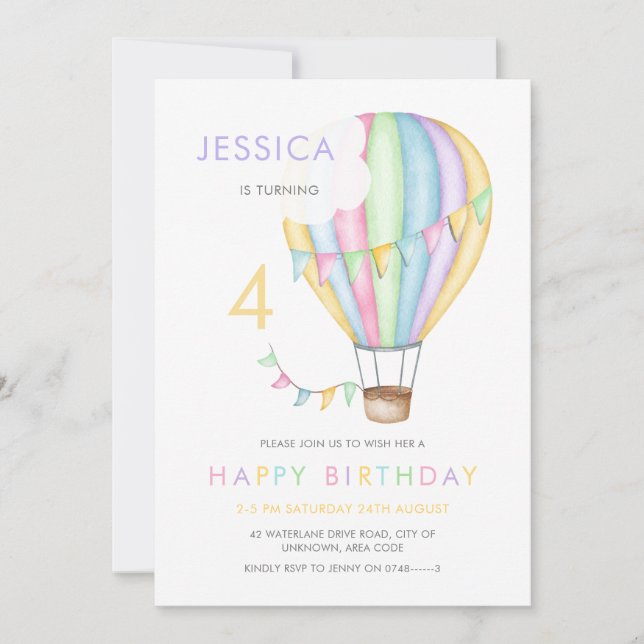 Invitación Balón de aire caliente acuarela Pastel Cumpleaños  (Anverso)