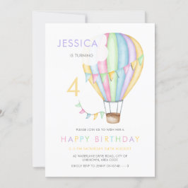 Invitación Balón de aire caliente acuarela Pastel Cumpleaños