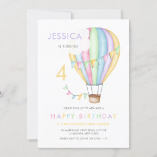 Invitación Balón de aire caliente acuarela Pastel Cumpleaños 