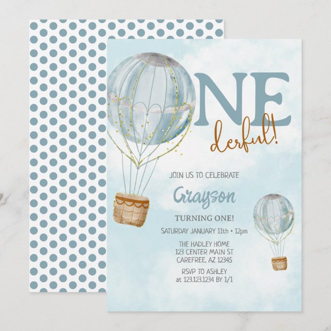 Invitación Balón de aire caliente Azul primer cumpleaños (Anverso / Reverso)