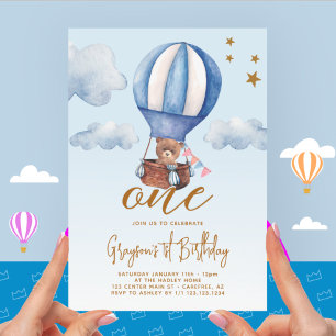 Invitación Balón de aire caliente Bear Boy 1º cumpleaños