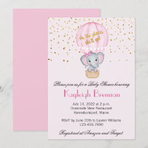 Invitación Balón de aire caliente Bebé Niña Elefante Baby Sho