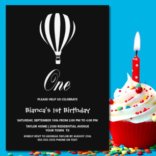 Invitación Balón de aire caliente blanco y negro Fiesta de cu