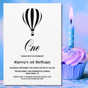 Invitación Balón de aire caliente blanco y negro Fiesta de cu