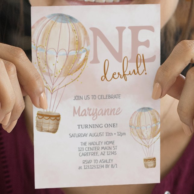 Invitación Balón de aire caliente Boho rosa primer cumpleaños (Subido por el creador)