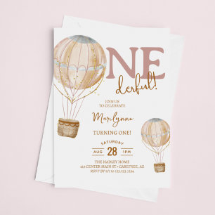 Invitación Balón de aire caliente Boho rosa primer cumpleaños