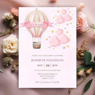 Invitación Balón de aire caliente Chica elegante rosa Baby Sh