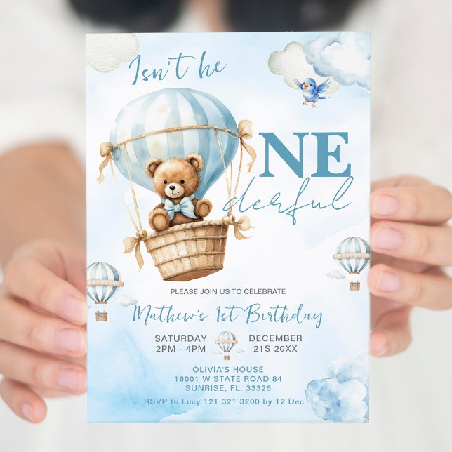 Invitación Balón de aire caliente de oso azul Niños primer cu (Subido por el creador)
