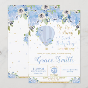 Invitación Balón de aire caliente Floral Azul niño Baby Showe