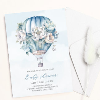 Invitación Balón de aire caliente Floral Blue Boy Baby Shower