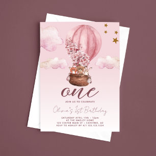 Invitación Balón de aire caliente Floral rosa Primer cumpleañ