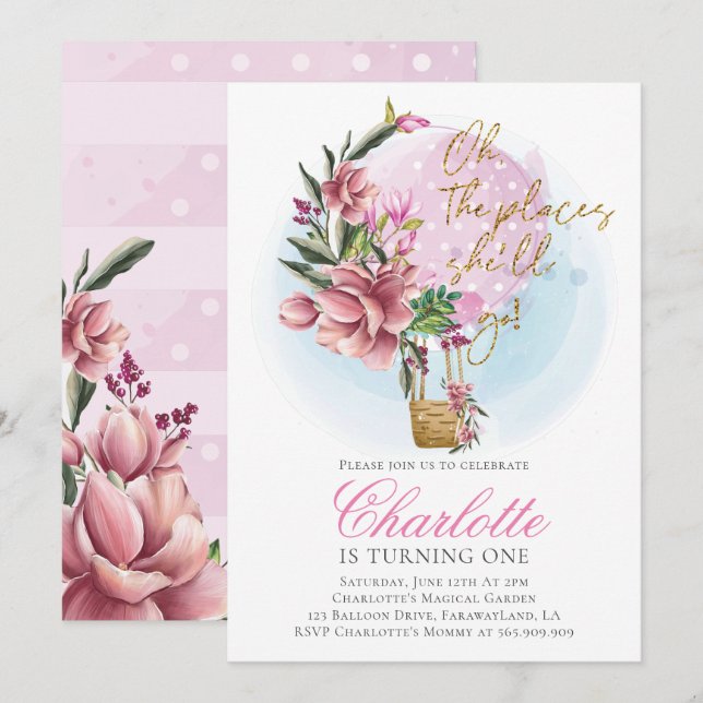 Invitación Balón de aire caliente Floral rosa primer cumpleañ (Anverso / Reverso)