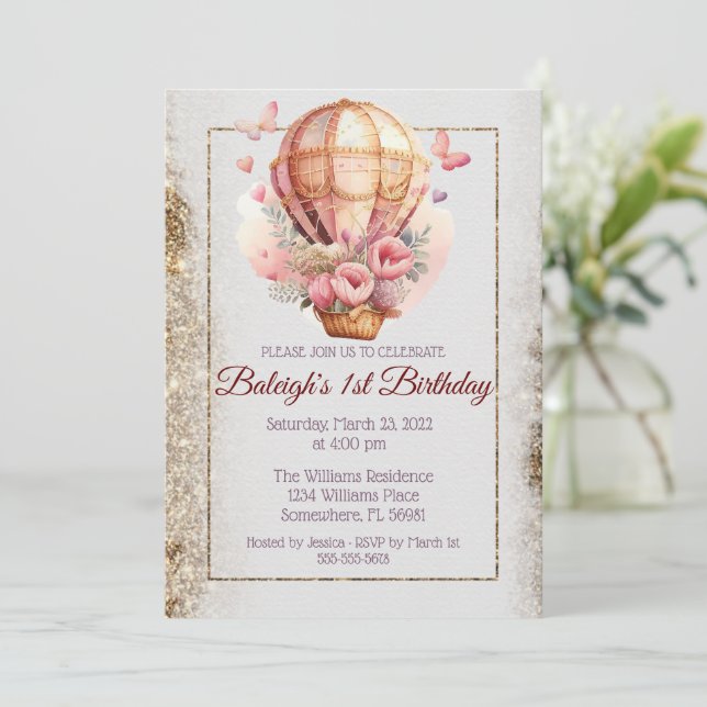 Invitación Balón de aire caliente mariposa floral Cumpleaños (Anverso de pie)