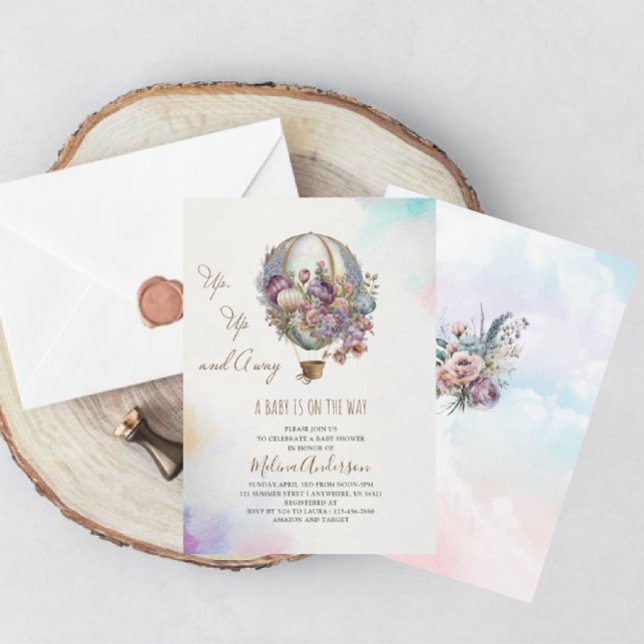 Invitación Balón de aire caliente nubes lilac rosadas acuarel (Subido por el creador)