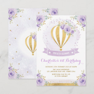 Invitación Balón de aire caliente Purple Gold Floral 1º cumpl