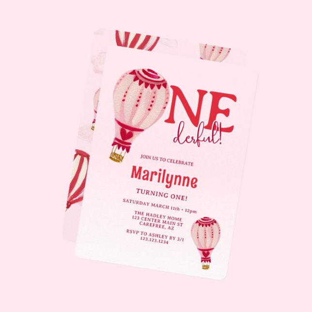 Invitación Balón de aire caliente Rojo rosa Primer cumpleaños (Subido por el creador)