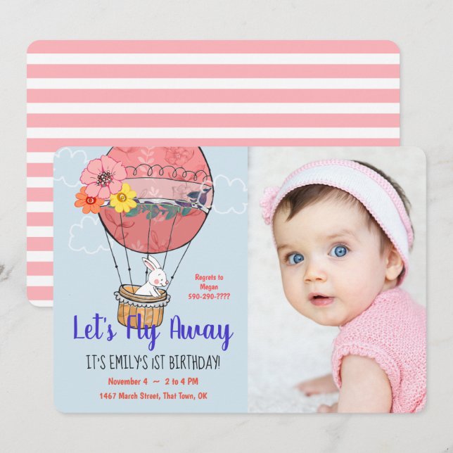 Invitación Balón de aire caliente y primer cumpleaños de cone (Anverso / Reverso)