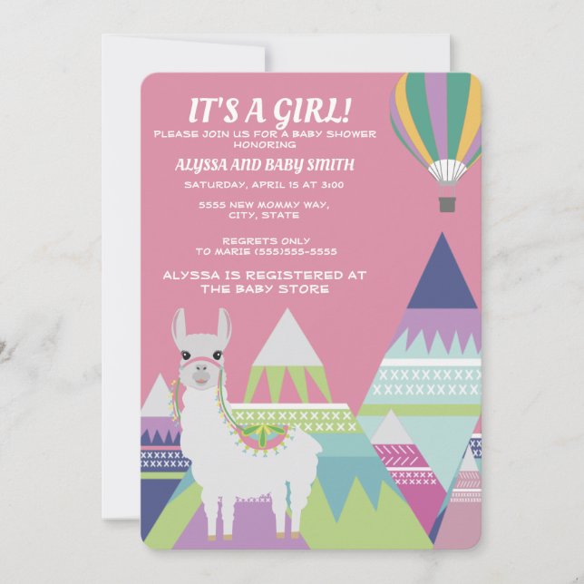 Invitación Balón de Alpaca Rosa Bebé Chica Ducha (Anverso)