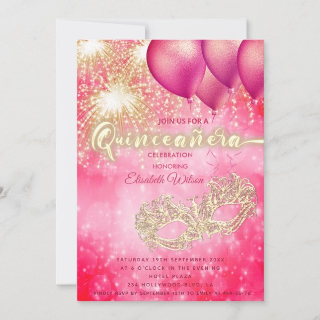 Invitación Balón de baile Masquerade rosa Quinceañera (Anverso)