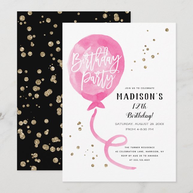 Invitación Balón de color de agua rosa Confetti de oro Cumple (Anverso / Reverso)