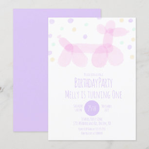 Invitación Balón de cumpleaños Animales Pastel rosa morado