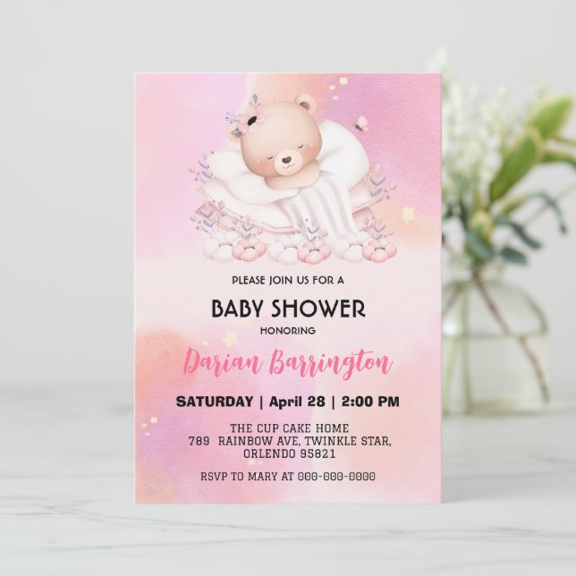 Invitación Balón de flores de oso lindo fiesta chicas (Anverso de pie)