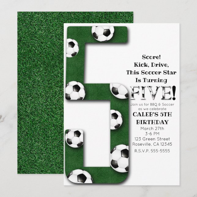 Invitación Balón de Fútbol Cinco 5 5º Cumpleaños (Anverso / Reverso)