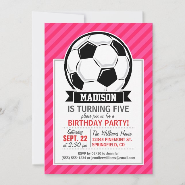 Invitación Balón de fútbol en franjas rosadas neonesas (Anverso)