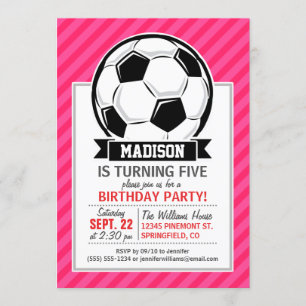 Invitación Balón de fútbol en franjas rosadas neonesas