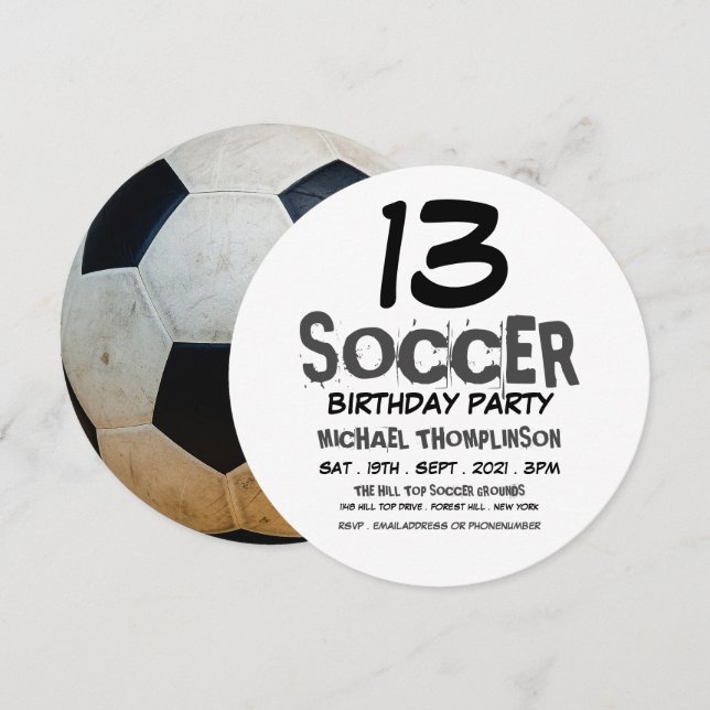 Invitación Balón de fútbol, fiesta de cumpleaños del fútbol (Anverso / Reverso)
