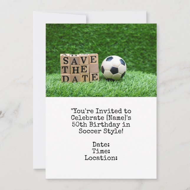 Invitación Balón de fútbol Salven la fecha para la fiesta de  (Anverso)