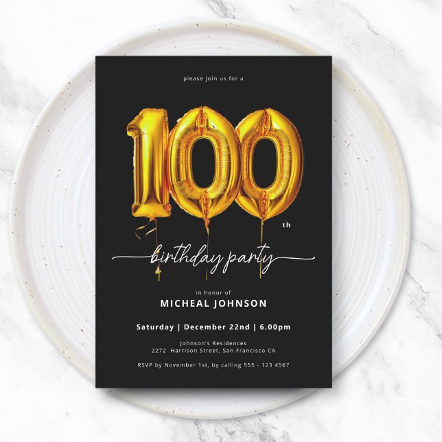 Invitación Balón de oro Negro 100 cumpleaños (Gold Balloon Black 100th Birthday Invitation)