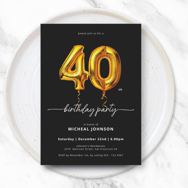 Invitación Balón de oro Negro 40 cumpleaños (Gold Balloon Black 40th Birthday Invitation)