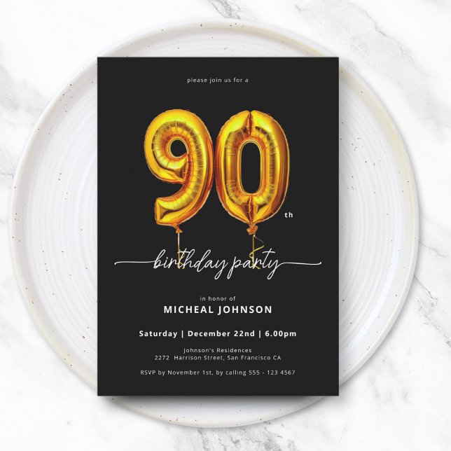 Invitación Balón de oro Negro 90 cumpleaños (Gold Balloon Black 90th Birthday Invitation)