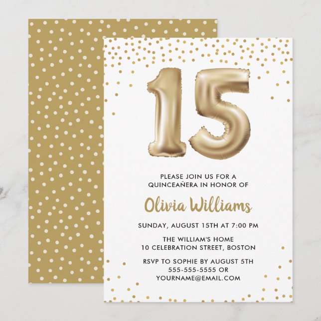 Invitación Balón de oro | Quinceanera 15ª fiesta de cumpleaño (Anverso / Reverso)