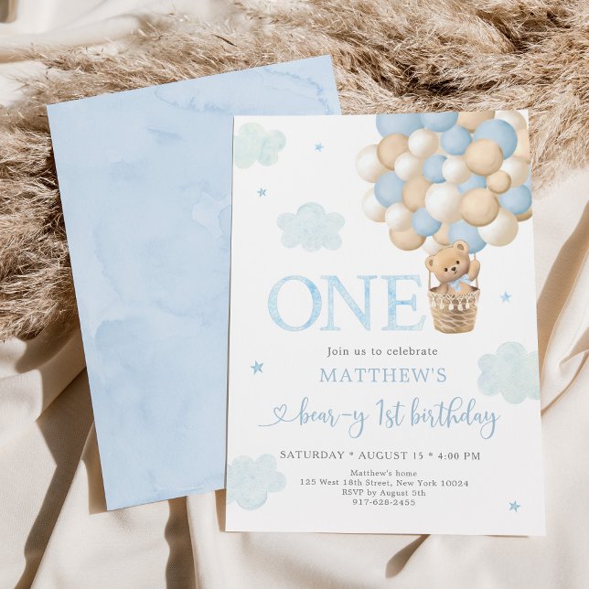 Invitación Balón de Oso Azul Teddy Bear Beary Primer Cumpleañ (Subido por el creador)