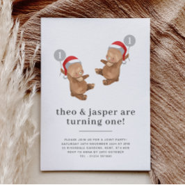Invitación Balón de oso de gemelos Santa Hat Primer cumpleaño