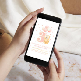 Invitación Balón de Oso Rosa Cute de Tercer Cumpleaños Whimsi