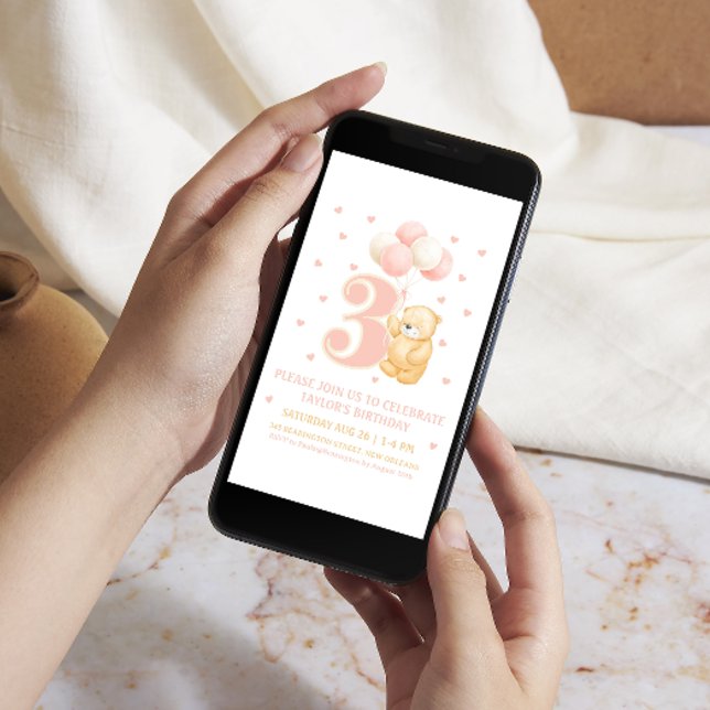 Invitación Balón de Oso Rosa Cute de Tercer Cumpleaños Whimsi (Digital birthday invitation Party invite via phone, evite, Sms birthday invitation party)