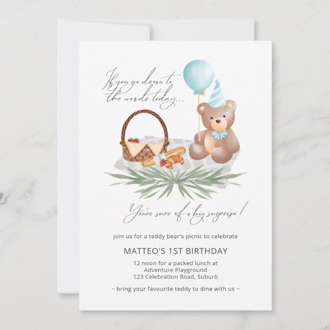 Invitación Balón de picnic Blue 1day Teddy Bear (Anverso)
