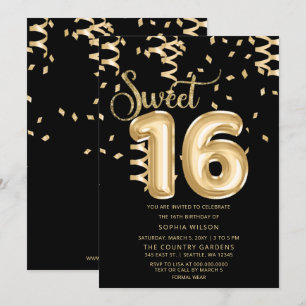 Invitación Balón de Relieve metalizado dorado negro dulce 16