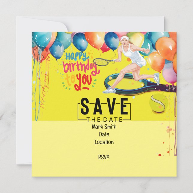 Invitación Balón de tenis con raqueta en amarillo Cumpleaños (Anverso)