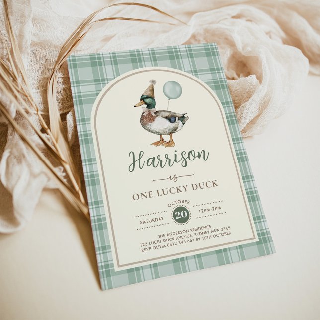 Invitación Balón de un pato afortunado Green Gingham 1er cump (Subido por el creador)