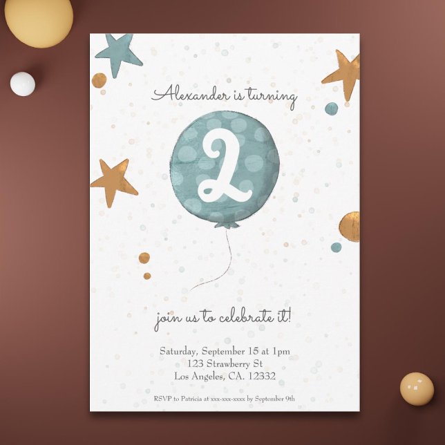 Invitación Balón lindo de dos años de edad cumpleaños (Subido por el creador)
