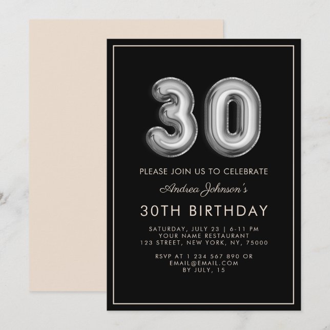 Invitación Balón metálico plateado número 30 marco de cumplea (Anverso / Reverso)