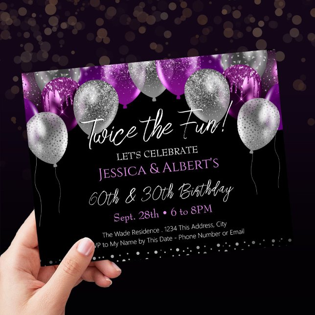 Invitación Balón morado y plateado de doble cumpleaños (Subido por el creador)