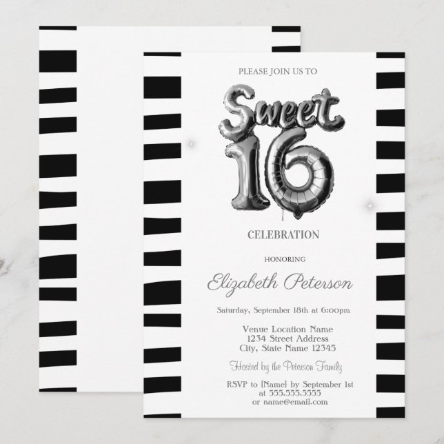 Invitación Balón negro a rayas de plata dulce 16 (Anverso / Reverso)